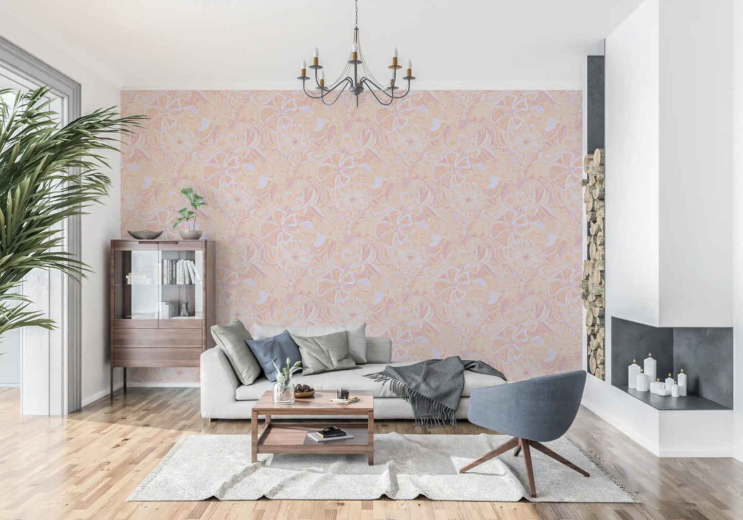 Layered floral wallpaper in peach tones with purple highlights., GD10539