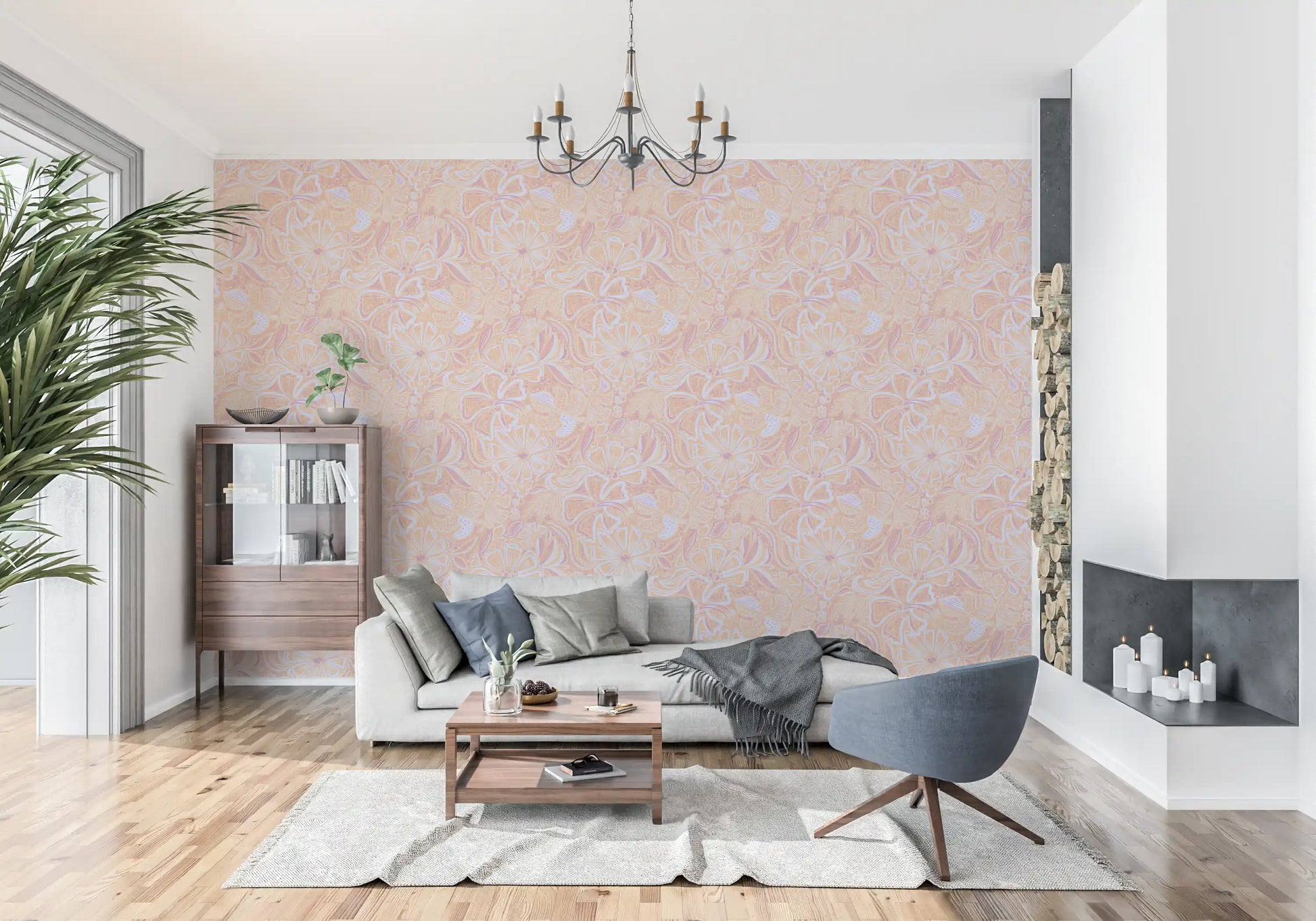 Layered floral wallpaper in peach tones with purple highlights., GD10539