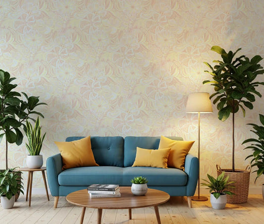 Whimsical pastel floral wallpaper in a cosy hallway with bloom swirl pattern.