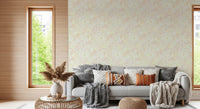 Pale yellow and rose floral pattern wallpaper with white outlines in living area., GD10540