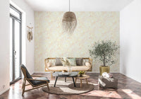 Blush pink floral wallpaper with swirling pale yellow bloom motifs., GD10540