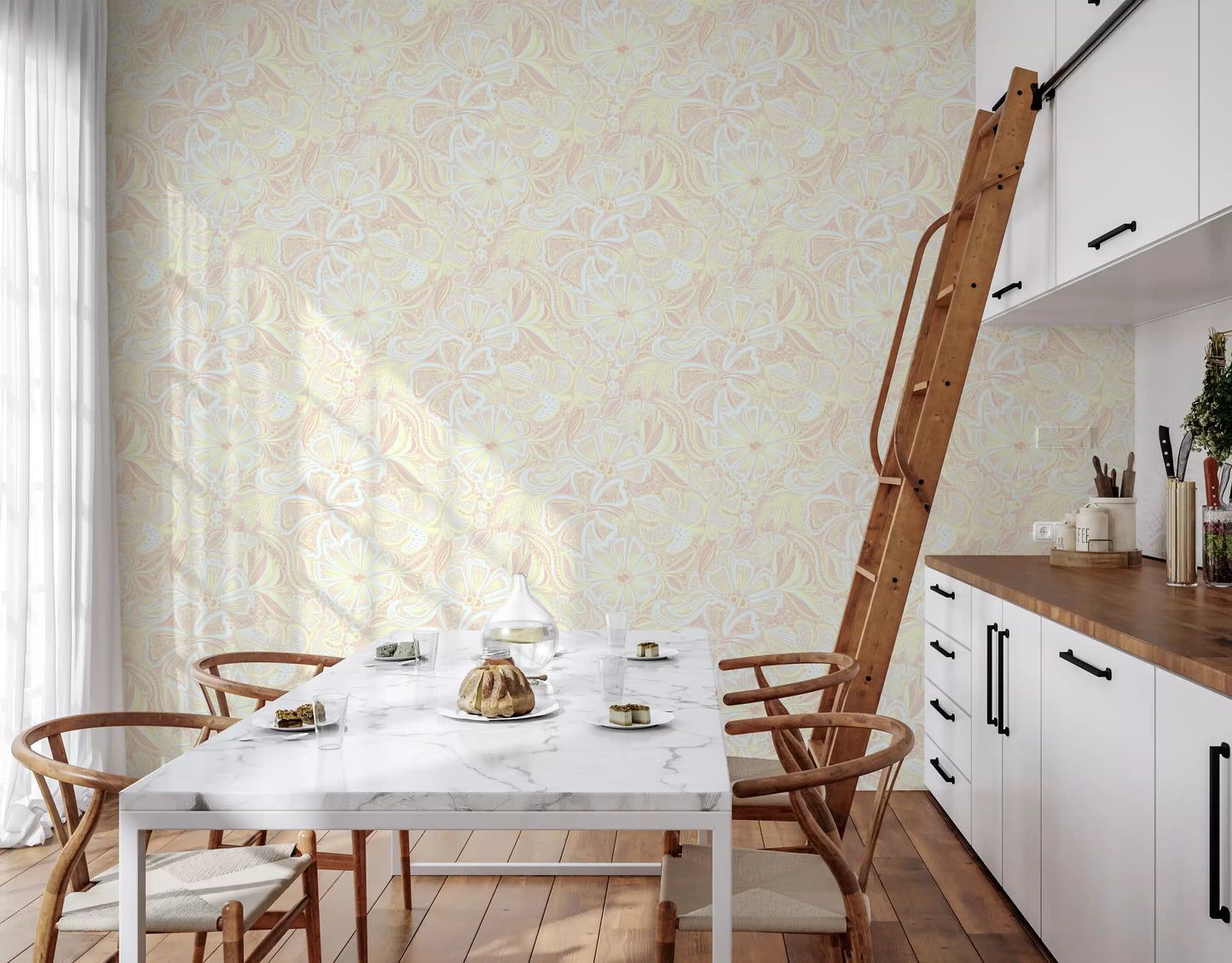 Whimsical floral swirl wallpaper in dining room with pastel blush and mauve tones., GD10540