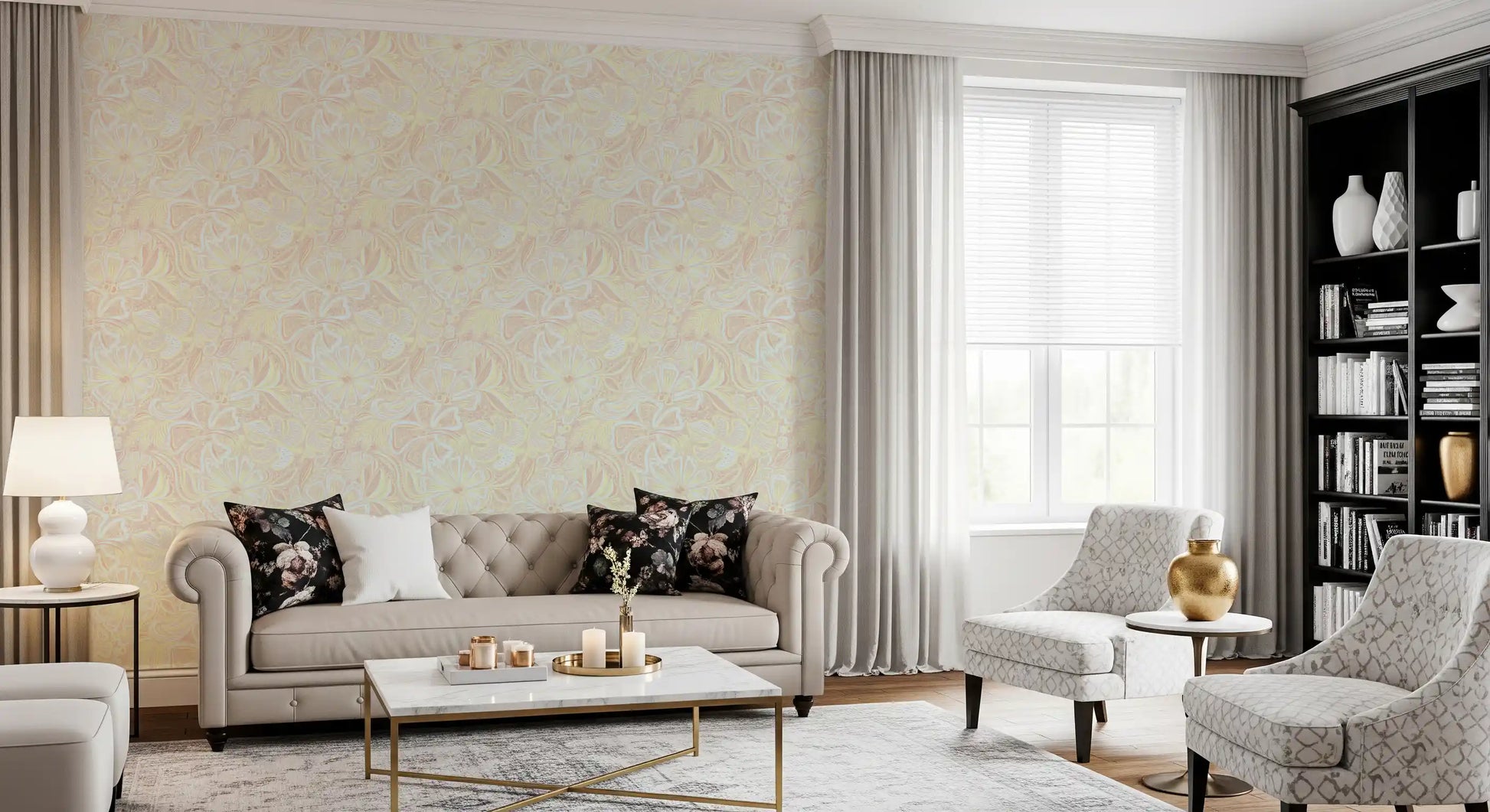 Pastel botanical swirl wallpaper in soft pink and lemon tones., GD10540