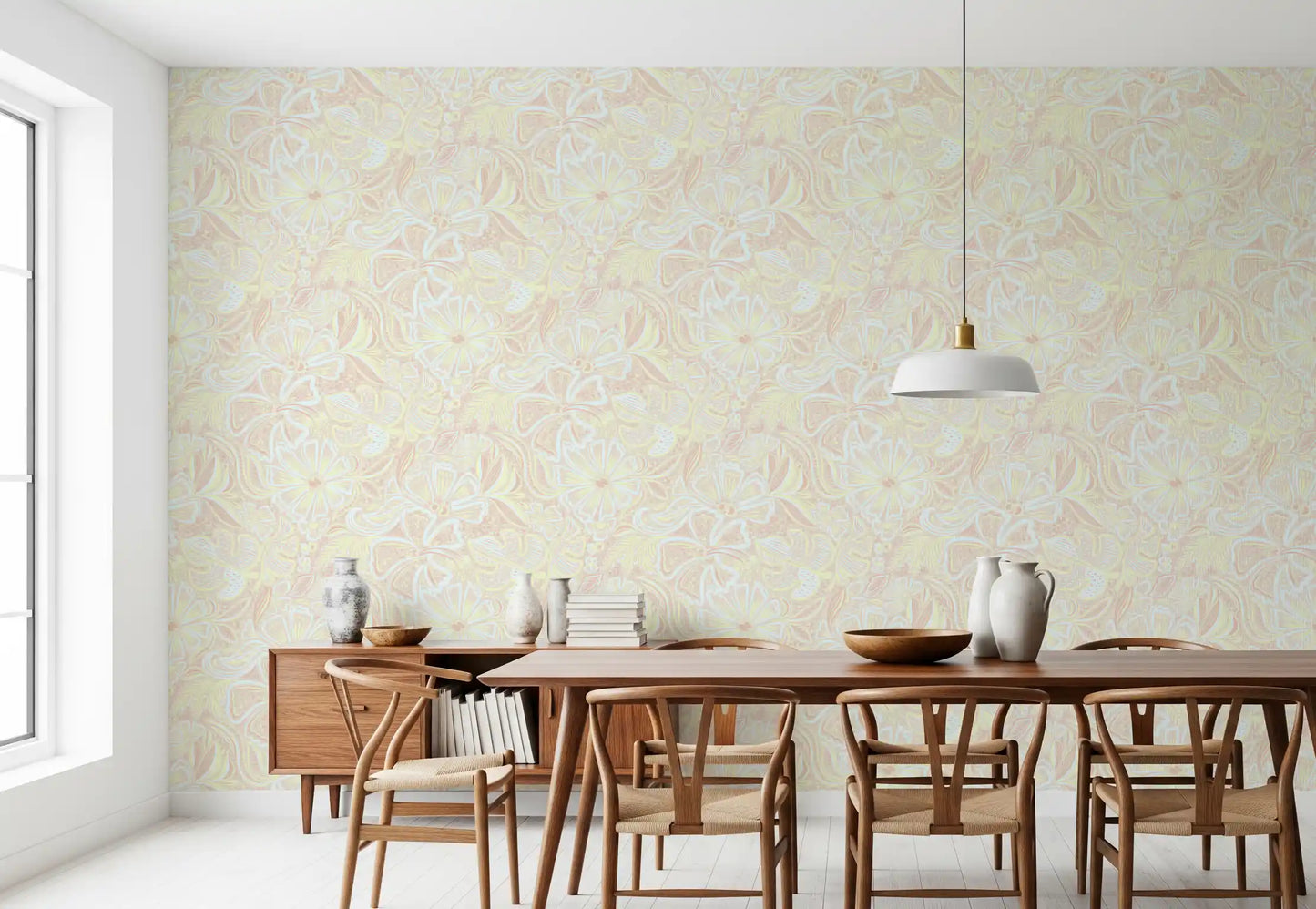 Soft pink and yellow bloom pattern wallpaper with dotted texture., GD10540