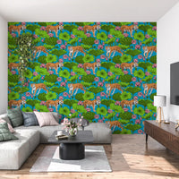 Orange tiger and lotus flower pattern wallpaper on blue ground., GD10541
