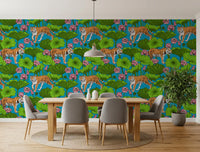 Bold tiger and lotus pond wallpaper in teal and green tones., GD10541