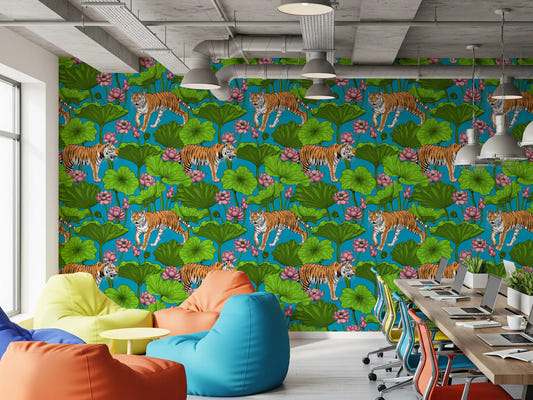 Tiger and lotus pond wallpaper adding colour to a office interior.  