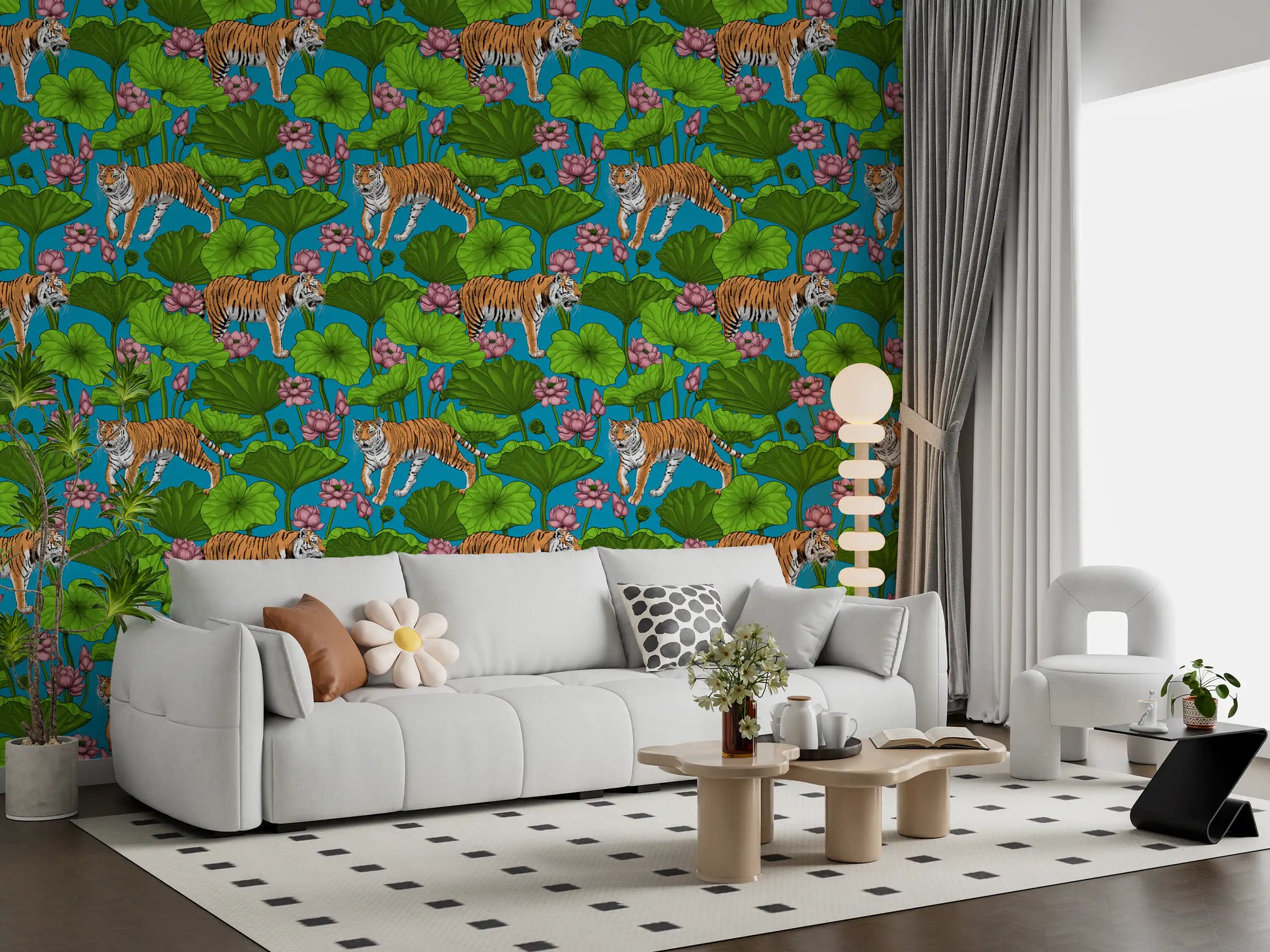 Vivid tiger wallpaper with lotus blooms and broad green pads., GD10541