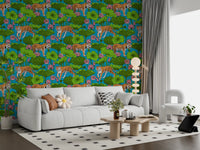 Vivid tiger wallpaper with lotus blooms and broad green pads., GD10541