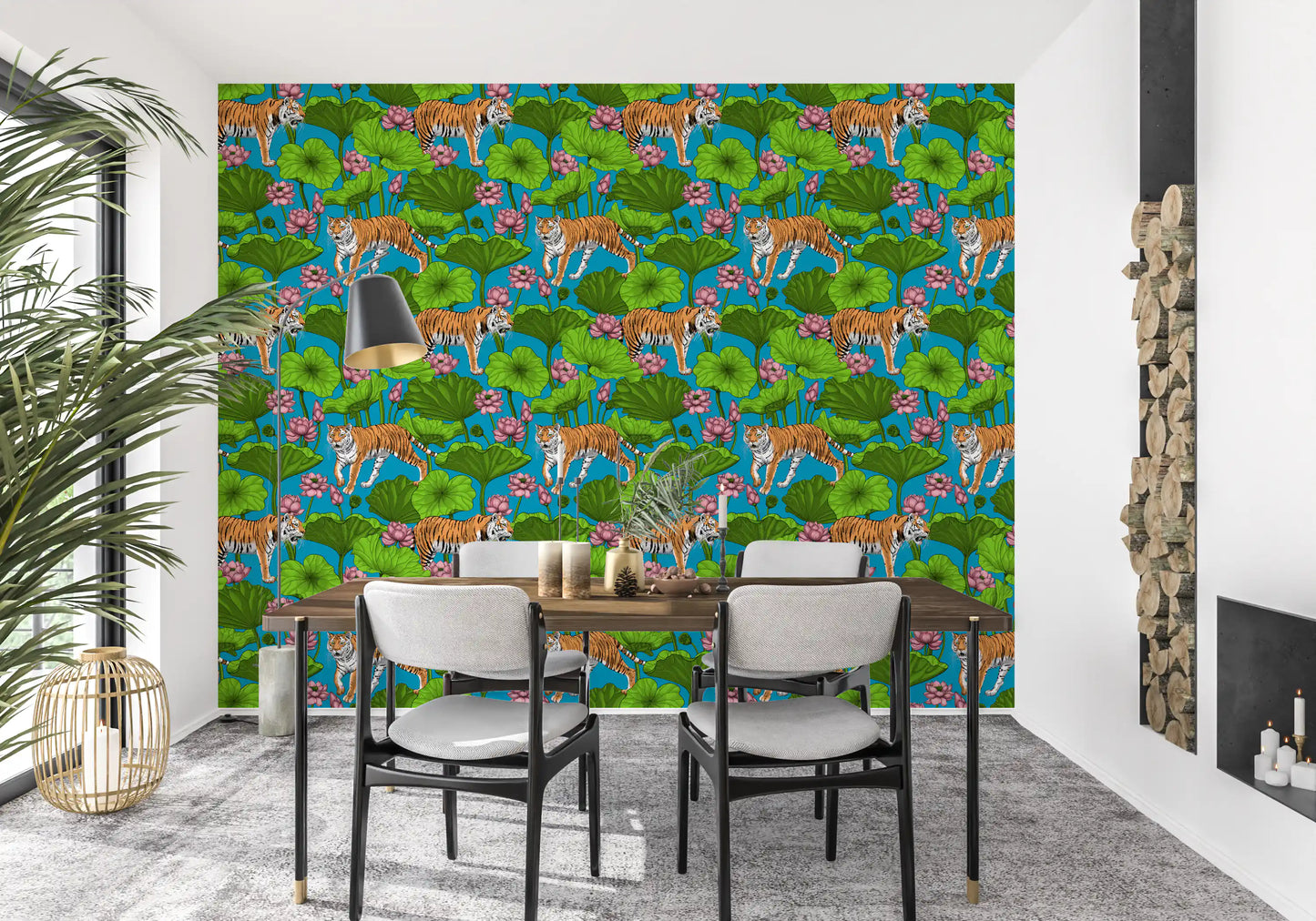 Tropical tiger wallpaper with green lily pads and pink lotus., GD10541