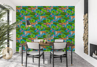 Tropical tiger wallpaper with green lily pads and pink lotus., GD10541