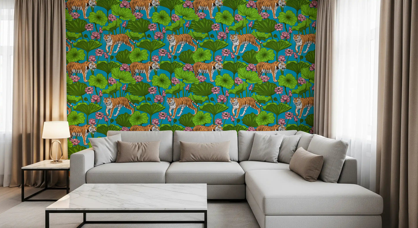 Tigers in the lotus pond wallpaper with pink blooms in living area., GD10541