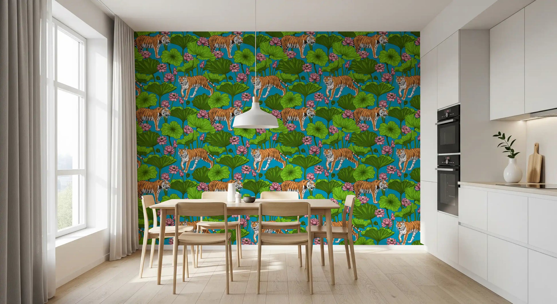 Repeating tiger pattern wallpaper with lush lotus leaf foliage in dining room., GD10541