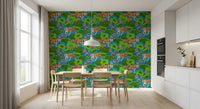Repeating tiger pattern wallpaper with lush lotus leaf foliage in dining room., GD10541