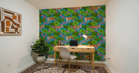 Orange striped tigers among lotus flowers on teal wallpaper., GD10541