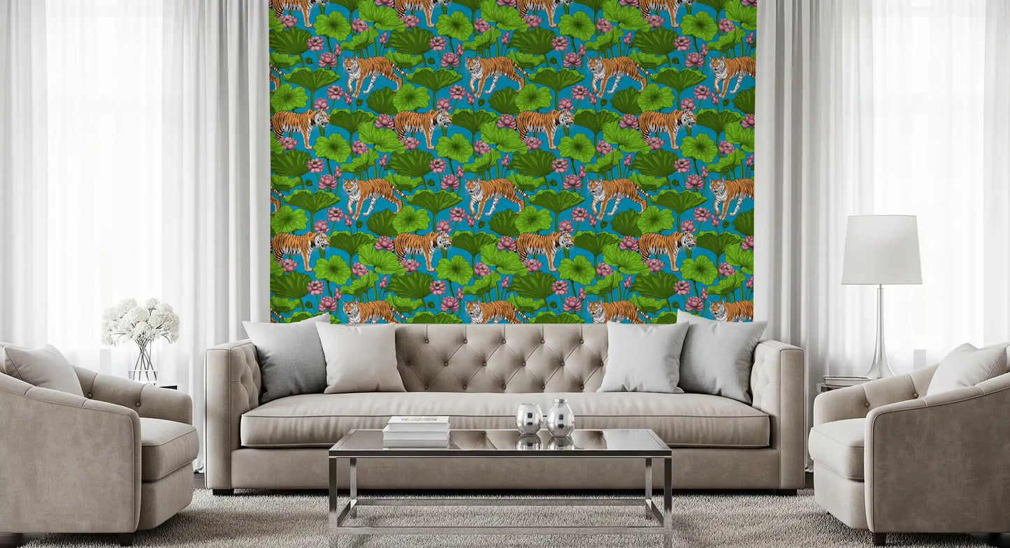 Teal blue tiger and pink lotus wallpaper with green leaves in living room., GD10541