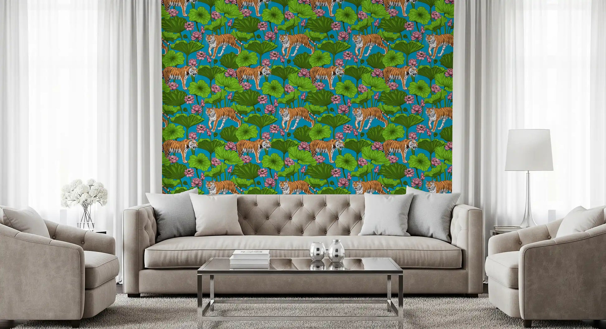 Teal blue tiger and pink lotus wallpaper with green leaves in living room., GD10541
