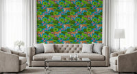 Teal blue tiger and pink lotus wallpaper with green leaves in living room., GD10541