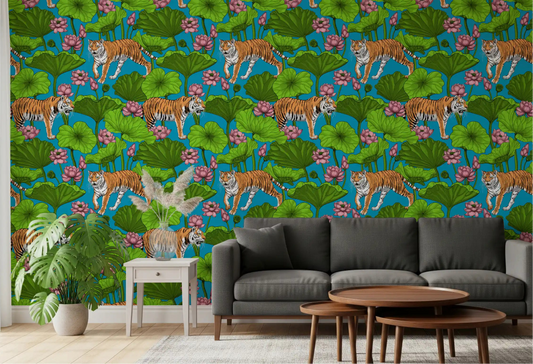 Tropical tiger wallpaper in a bright living room with green tone.