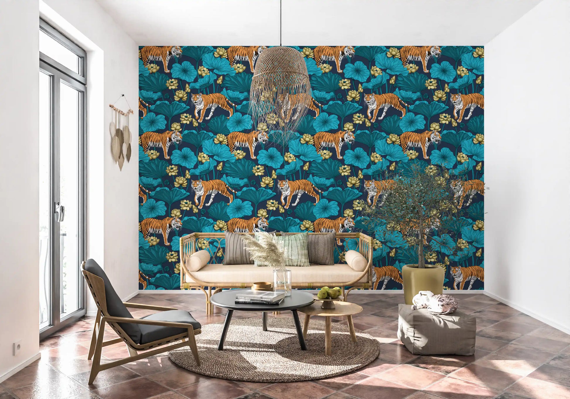 Teal and navy tiger wallpaper with yellow lotus flower blooms.