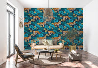 Teal and navy tiger wallpaper with yellow lotus flower blooms.