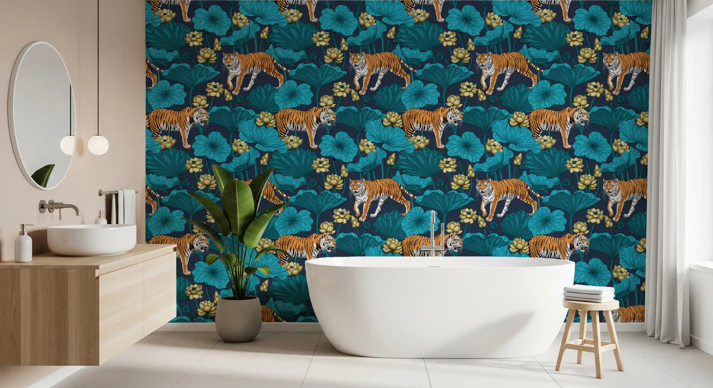Navy blue tiger wallpaper in a spacious bathroom setting with teal lotus leaves.
