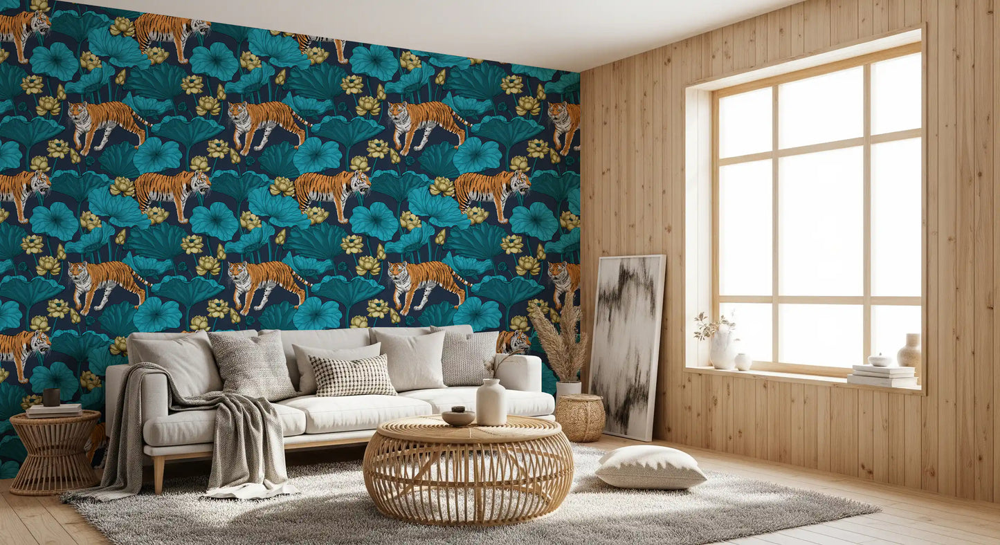 Repeating tiger pattern wallpaper with teal foliage on navy blue.