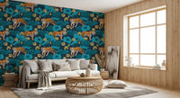 Repeating tiger pattern wallpaper with teal foliage on navy blue.