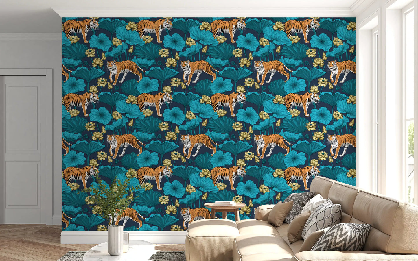 Orange tiger and golden lotus wallpaper on dark navy background.