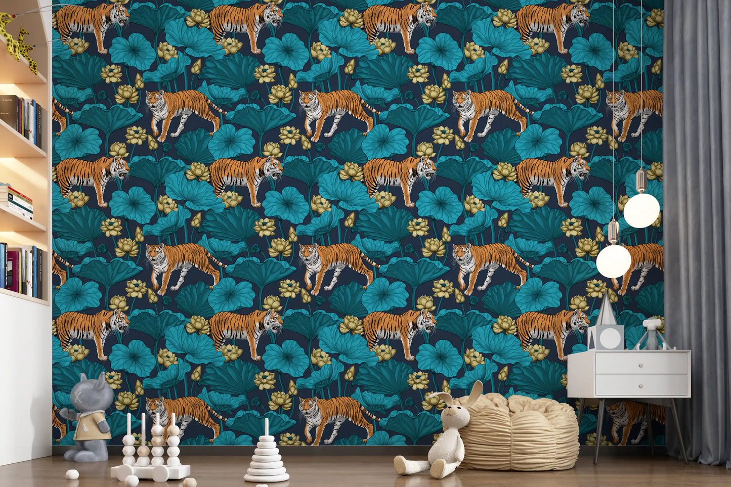 Dark navy tiger and golden lotus wallpaper with cyan leaves in kids room.