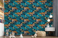 Dark navy tiger and golden lotus wallpaper with cyan leaves in kids room.