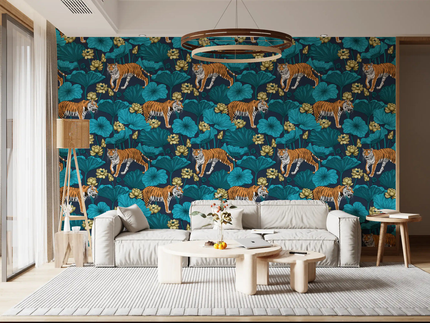 Navy blue tiger wallpaper with teal lotus leaves and gold blooms in living room.