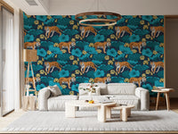 Navy blue tiger wallpaper with teal lotus leaves and gold blooms in living room.