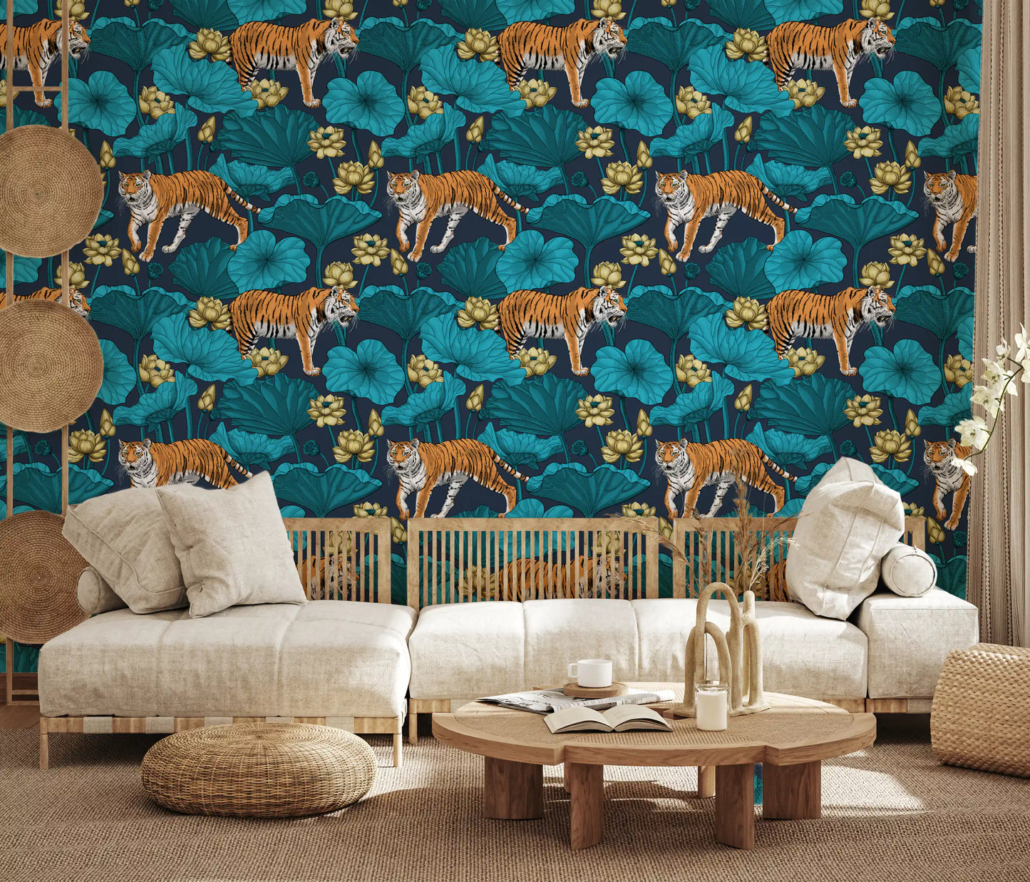 Tigers in the lotus pond wallpaper in blue and yellow tone.