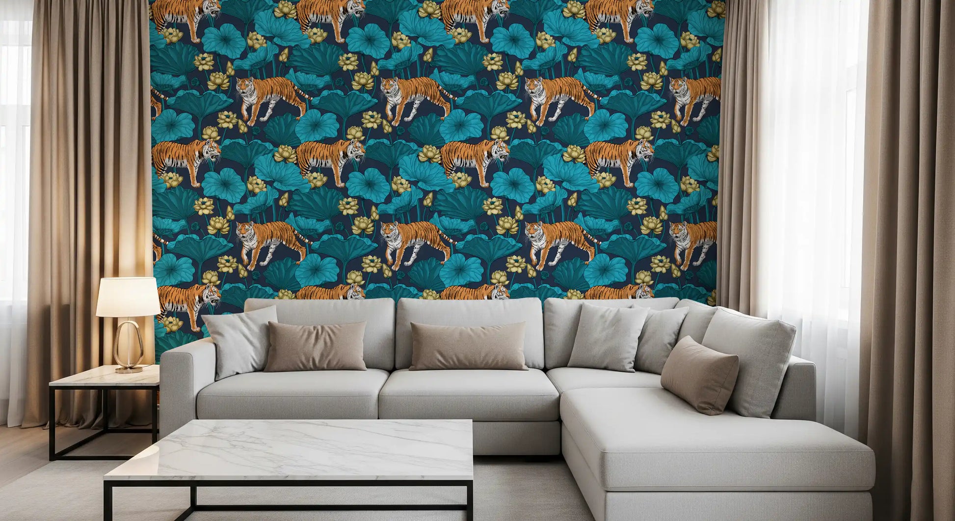 Bold tiger and lotus pond wallpaper in deep blue and turquoise.