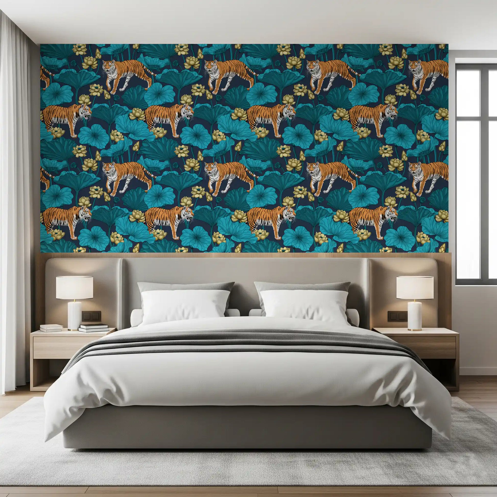 Orange striped tigers among golden lotus on deep blue wallpaper for bedroom.