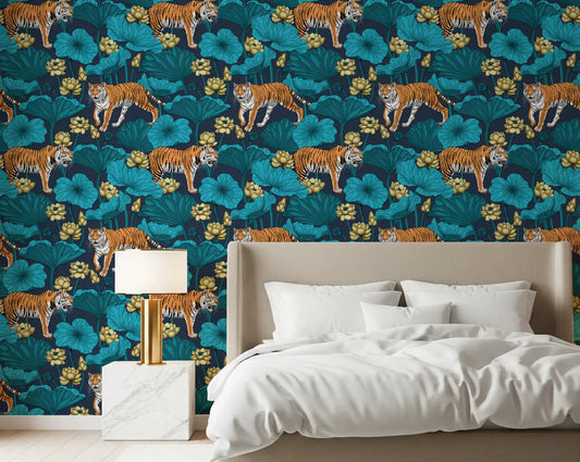 Tiger and lotus pond wallpaper adding bold colour to a bedroom.