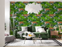 Vivid green tiger wallpaper with crisp white lotus bloom motifs., GD10543