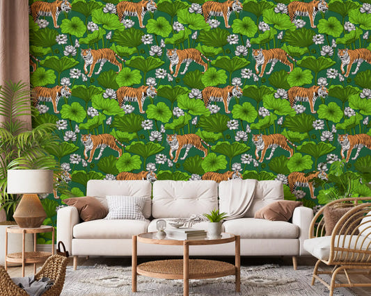 Emerald green tiger wallpaper in a bright living room with lotus motifs.