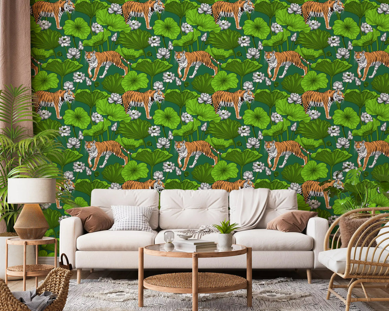 Emerald green tiger wallpaper in a bright living room with lotus motifs.