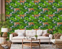 Emerald green tiger wallpaper in a bright living room with lotus motifs., GD10543