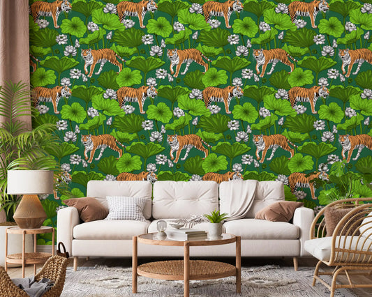 Emerald green tiger wallpaper in a bright living room with lotus motifs.