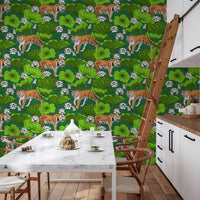 Orange tiger and white lotus wallpaper on emerald green ground., GD10543