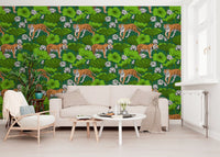 Repeating tiger pattern wallpaper with lush green foliage detail., GD10543