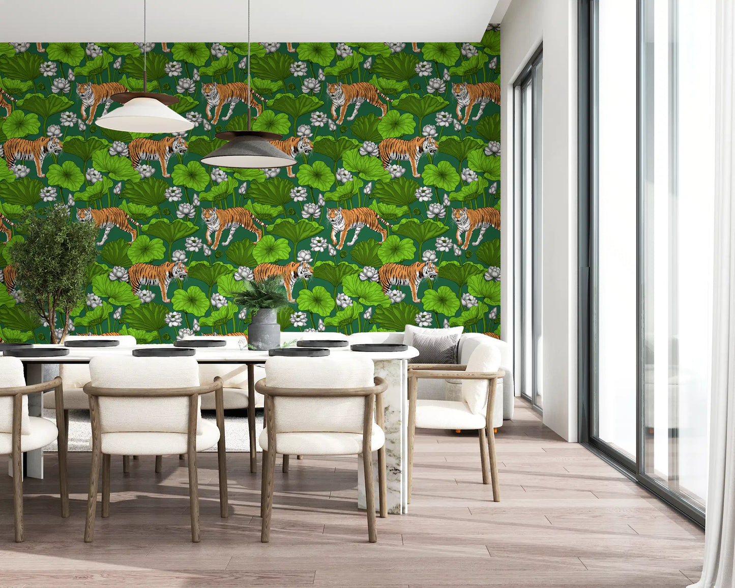 Green tiger wallpaper with bright lotus leaves and white flowers in dining room., GD10543