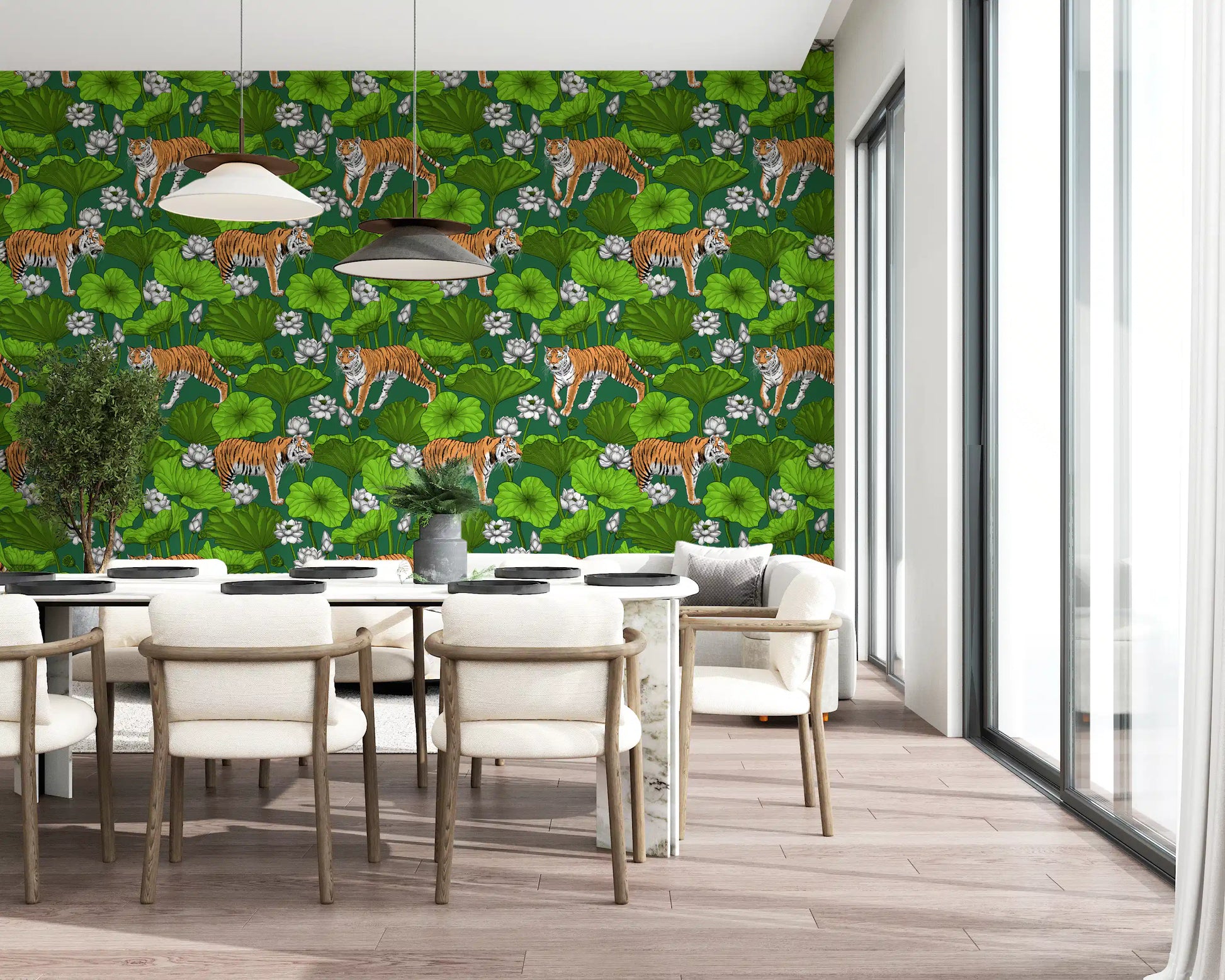 Green tiger wallpaper with bright lotus leaves and white flowers in dining room., GD10543