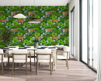 Green tiger wallpaper with bright lotus leaves and white flowers in dining room., GD10543