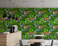 Emerald green tiger and white lotus wallpaper with lime leaves in cafe., GD10543