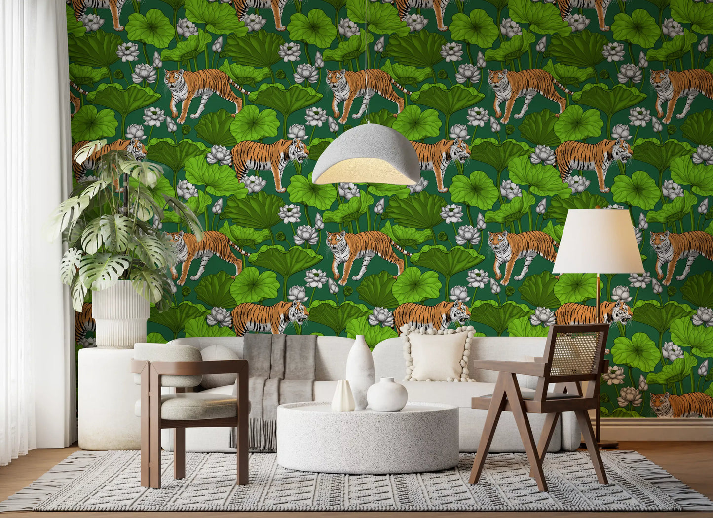 Tigers in the lotus pond wallpaper in green and white tones., GD10543