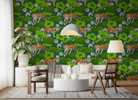 Tigers in the lotus pond wallpaper in green and white tones., GD10543